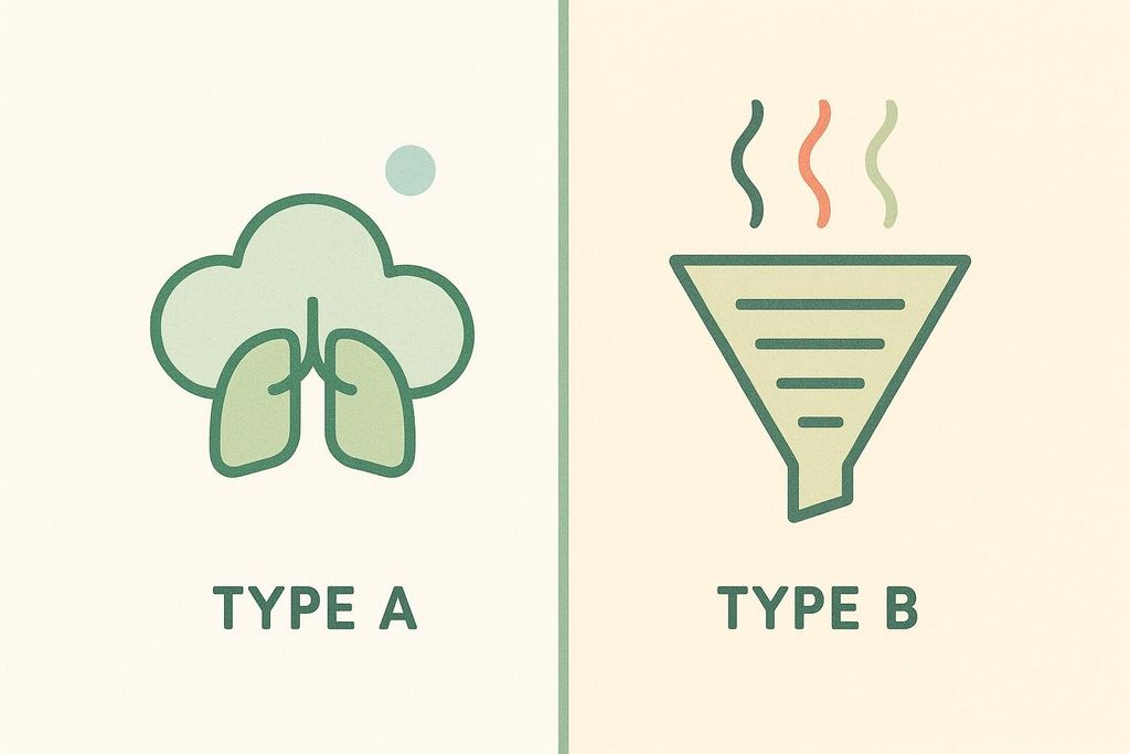 A split diagram showing two types. Type A has an icon of lungs inside a cloud with a small circle, possibly representing oxygen. Type B has an icon of a funnel with wavy lines coming out of it, possibly representing metabolism or heat.