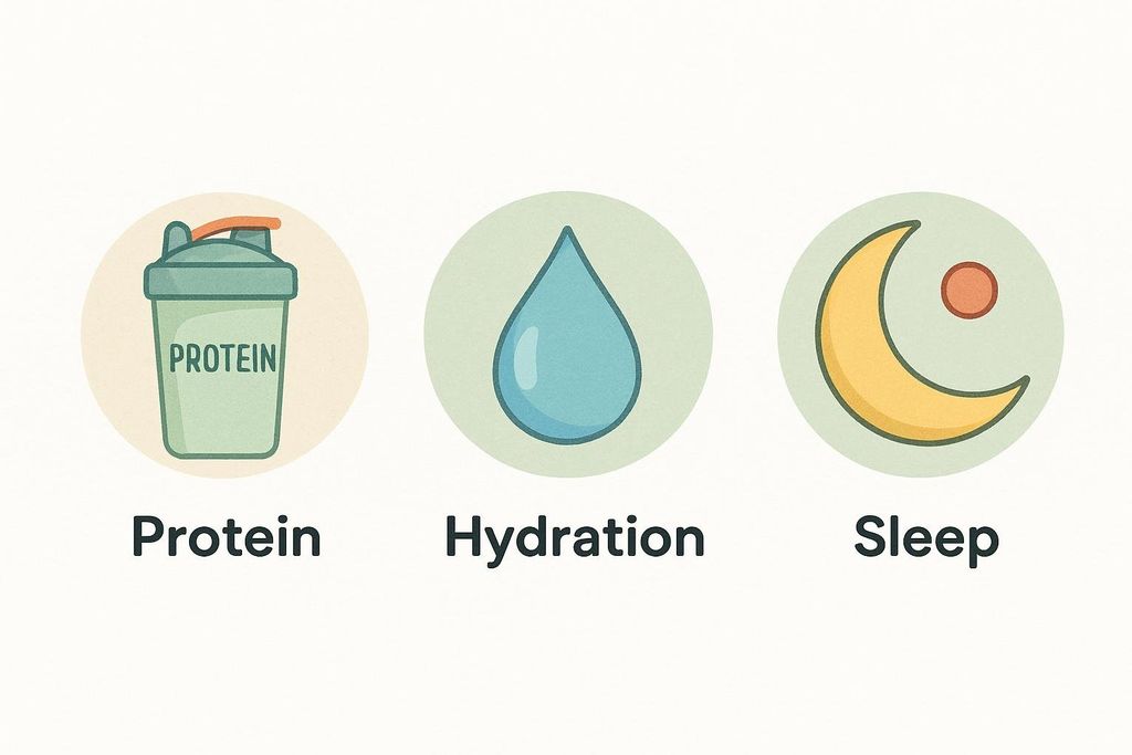 Three circular icons representing factors for recovery. From left to right: a green protein shaker bottle with the word 'PROTEIN' on it, a blue water droplet for hydration, and a yellow crescent moon and a red dot for sleep.