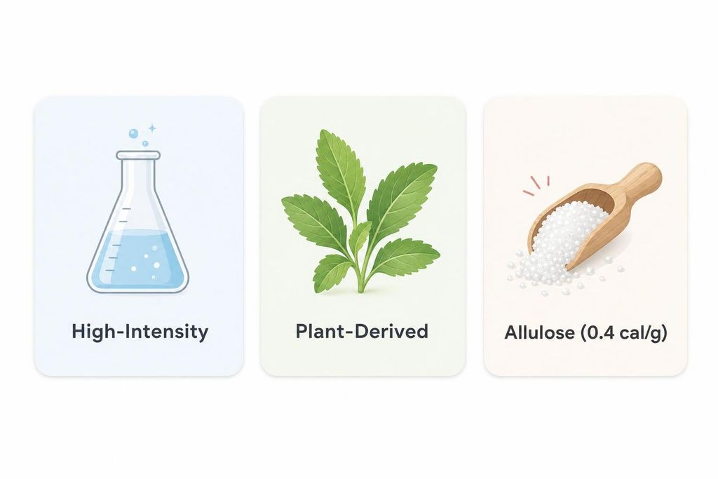 A three-card vector diagram illustrating sweetener categories: High-Intensity (represented by a flask), Plant-Derived (represented by a plant), and Allulose (0.4 cal/g, represented by a scoop of sugar).