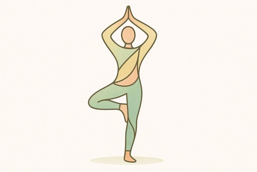 An abstract figure in a light color palette, representing balance and stability through a yoga pose resembling the Tree Pose, with one leg bent at the knee and the foot resting on the inner thigh of the standing leg, and arms raised above the head with palms joined.