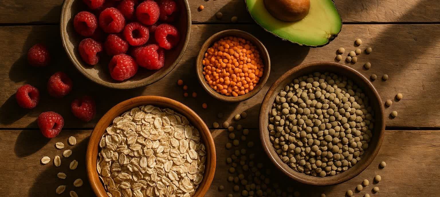 A rustic wooden table displaying a variety of high-fiber foods such as raspberries in a bowl, a sliced avocado, red lentils, green lentils, and rolled oats in bowls. Scattered oats and lentils are also visible on the table.