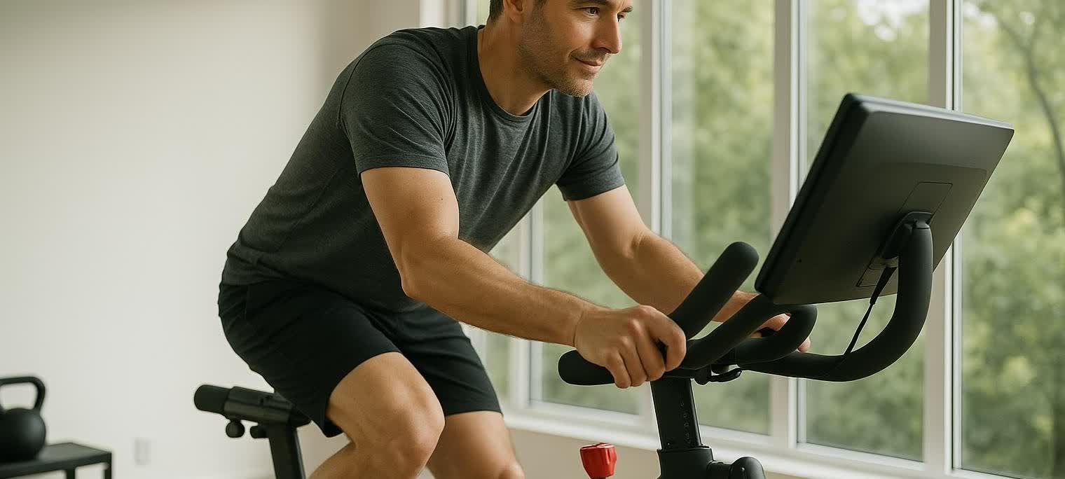 A man in his 30s or 40s with a beard and short hair, wearing a dark gray t-shirt and black shorts, sits on a stationary bike in a well-lit room with large windows showing green trees outside. He is actively pedaling, gripping the handlebars, and looking forward at the bike's screen. A black kettlebell is visible on the left side of the image.