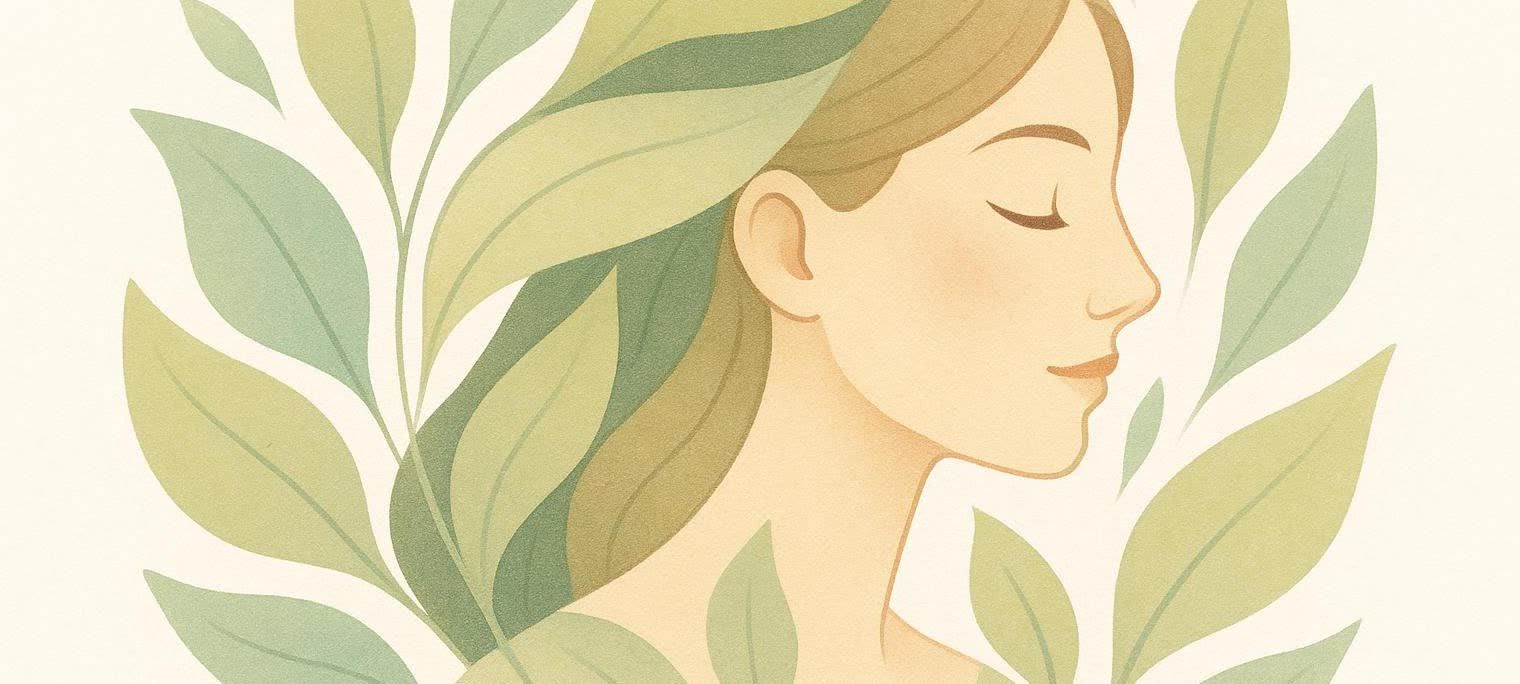 An illustration in profile of a woman with her eyes closed, with green and yellowish-green leaves intertwined with her hair and surrounding her head and shoulders, on an off-white background.