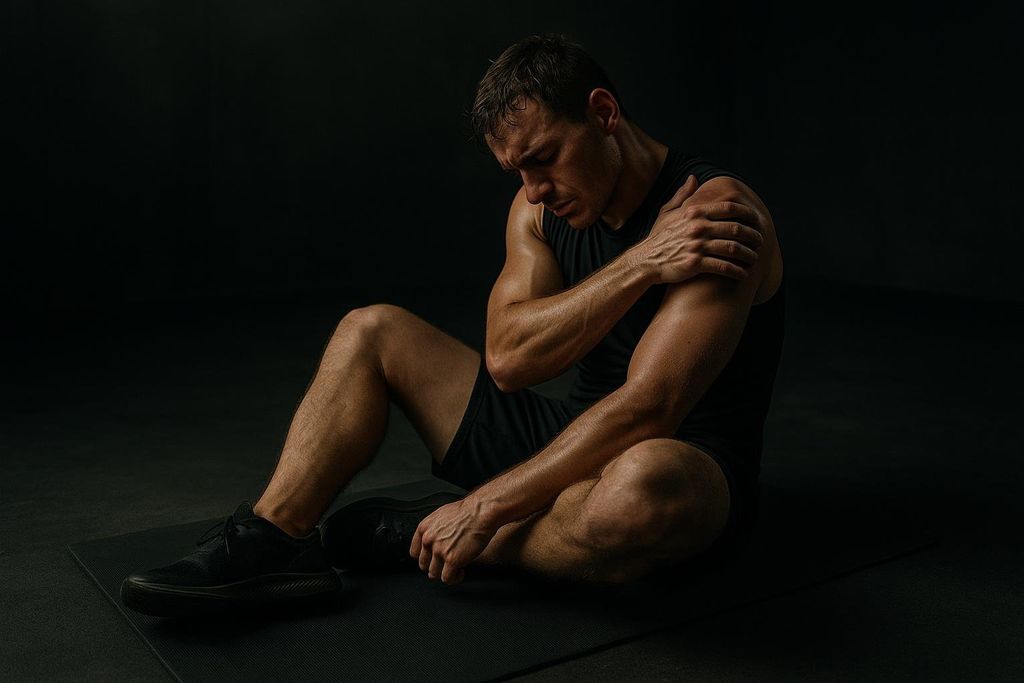 Athlete rubbing shoulder after an intense workout