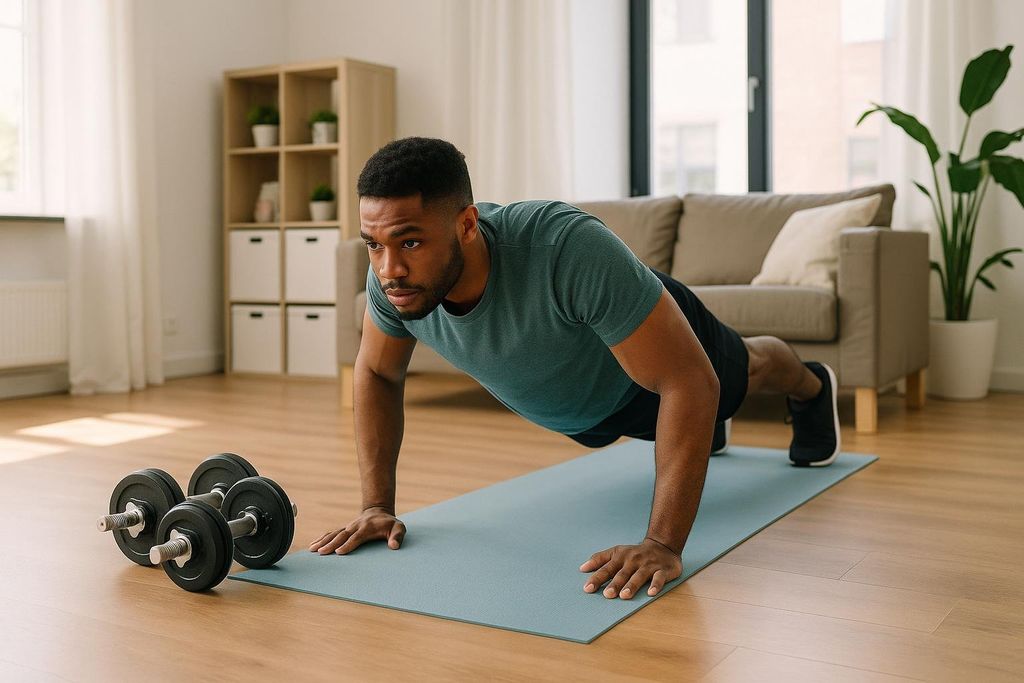 A man doing a push-up on a yoga mat in his living room, with a pair of dumbbells nearby. He is wearing a teal t-shirt and black shorts.