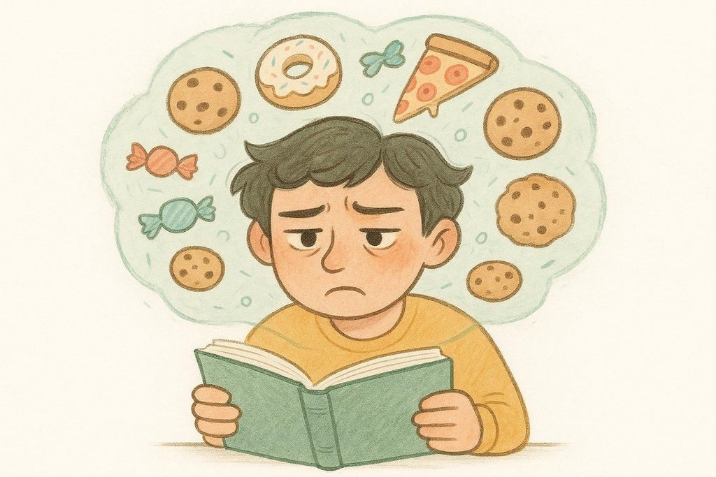 An illustration of a person with a sad, tired expression holding an open book, but their thoughts are depicted as a cloud of various food items like donuts, cookies, candy, and pizza slices, symbolizing 'food noise' or distraction by cravings.