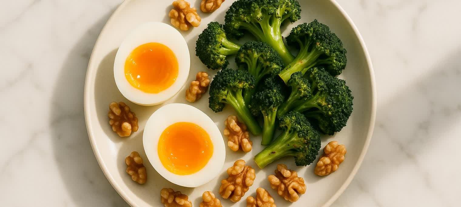 A white plate holds two halved soft-boiled eggs with runny orange yolks, several steamed broccoli florets, and scattered walnuts, positioned on a white marble surface.