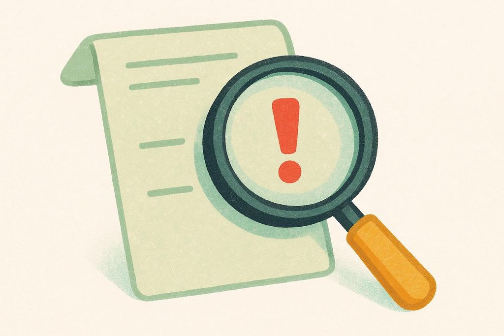 A stylized illustration showing a magnifying glass over a document. Inside the magnifying glass, a large red exclamation mark is visible, suggesting a warning, error, or important detail being highlighted or discovered through close inspection.