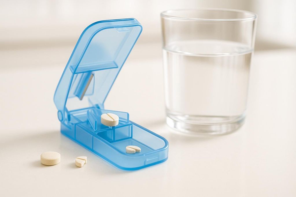 An open blue pill splitter with a whole pill and a half pill inside, next to a whole pill and a quartered pill on a white surface. A glass of water is in the background.