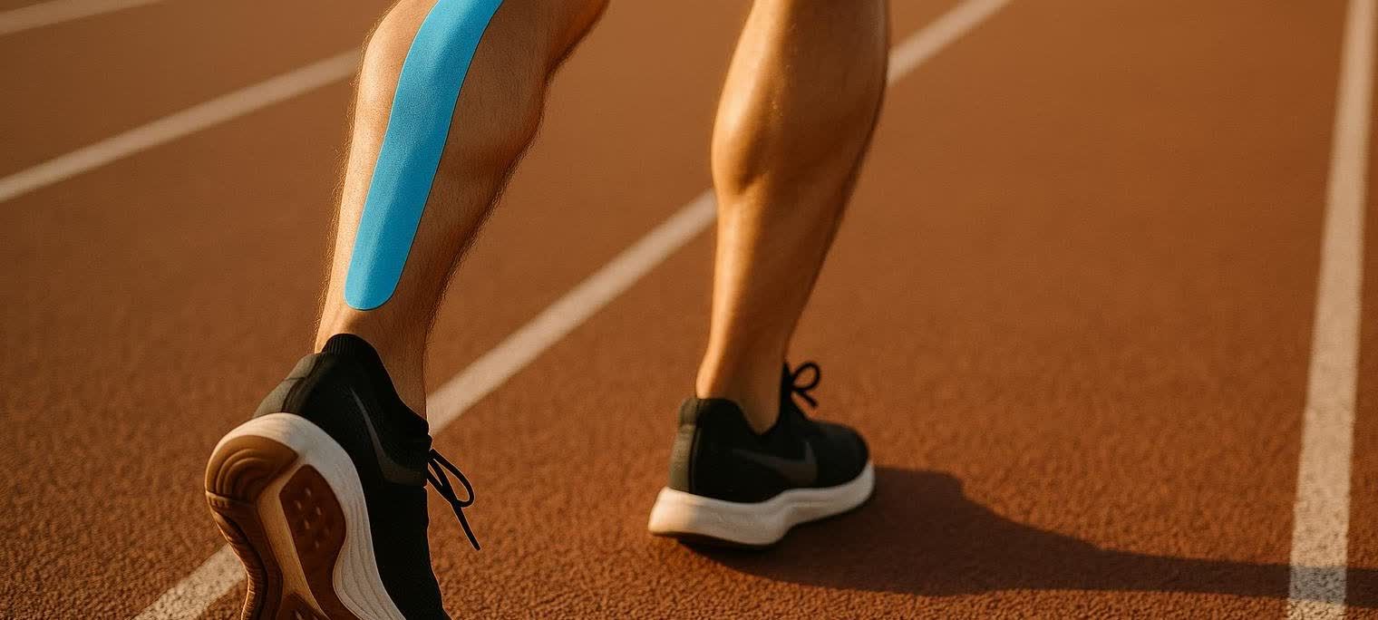 Close-up of a runner's legs on a track, with one calf clearly showing bright blue kinesiology tape applied for support. The runner is wearing black and white athletic shoes.