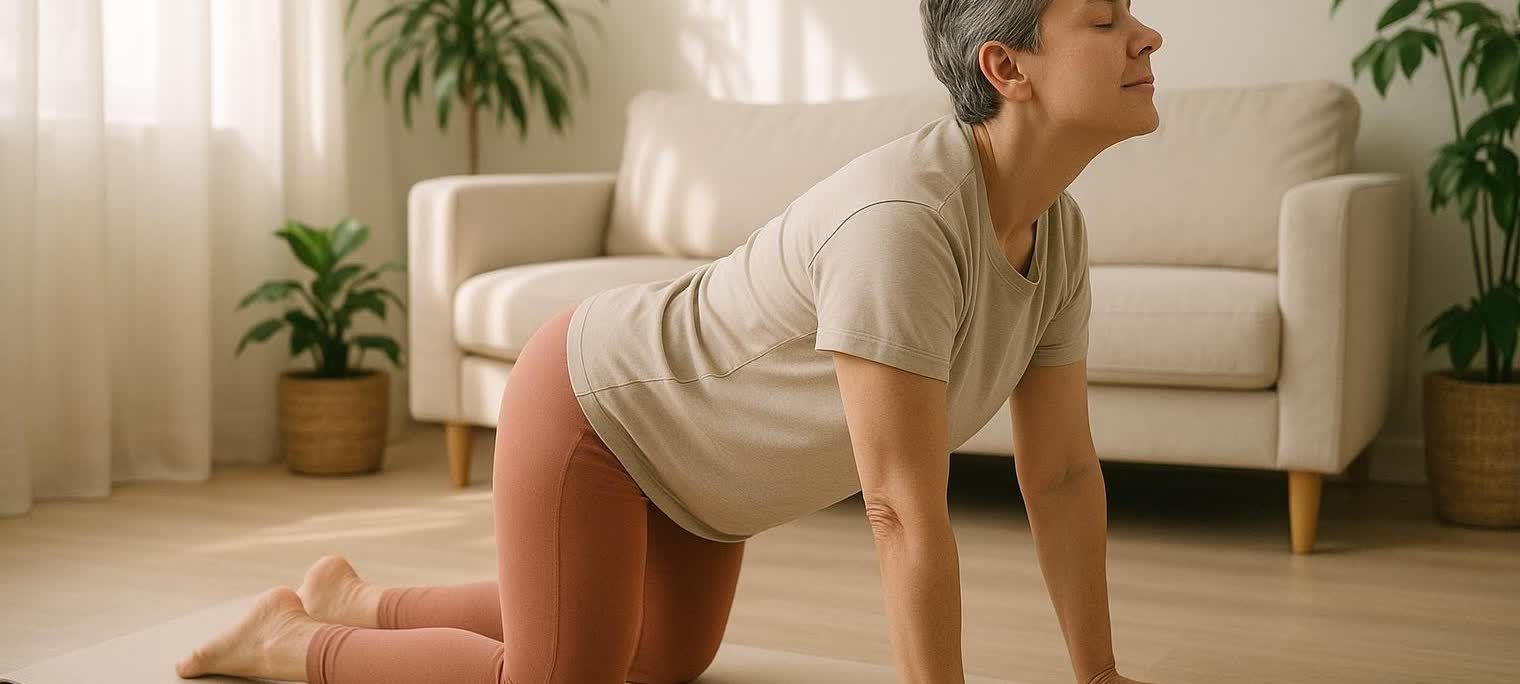 A woman with short grey hair is on her hands and knees on a yoga mat, with her back arched and head tilted back, practicing the cat-cow yoga pose in a sunlit room for back pain relief.