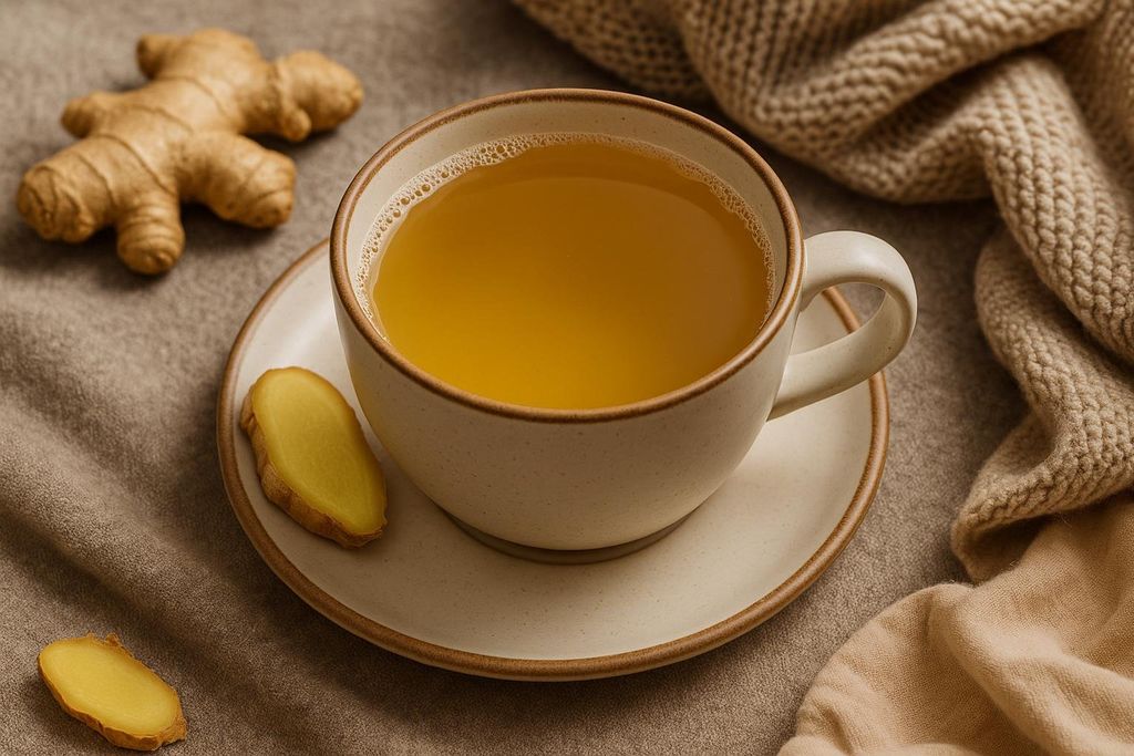 A cup of light brown herbal tea with a whole ginger root and two slices of ginger. The tea is in a speckled off-white mug and saucer set, resting on a textured light brown fabric with a knitted beige blanket in the background.