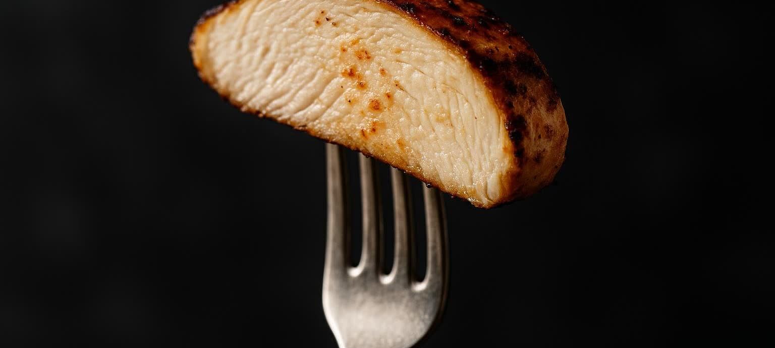 A close-up shot of a piece of perfectly grilled chicken breast impaled on a fork, set against a dark background. The chicken is golden brown with visible grill marks and some slight charring, revealing its juicy white interior.