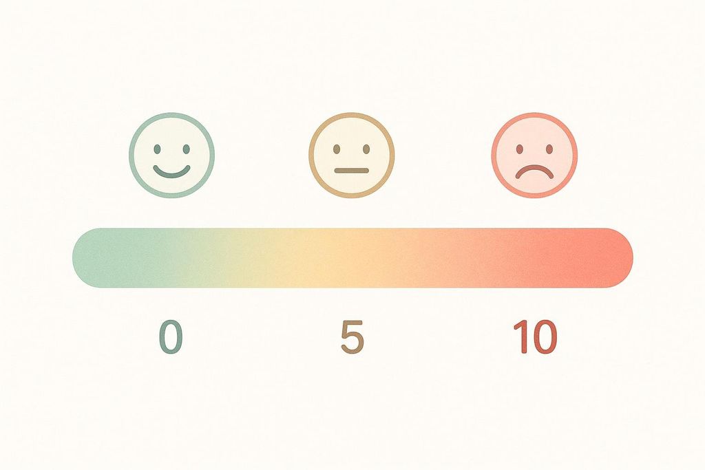 A visual pain scale from 0 to 10. It shows a color gradient from green (0, happy smiley) to yellow/orange (5, neutral emoji) to red (10, sad frowny emoji).