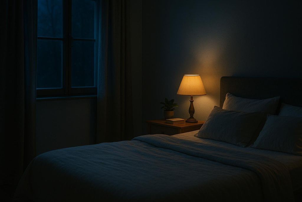 A dimly lit bedroom at night, with a warm glowing lamp on a bedside table next to a bed with white linens. A window with curtains can be seen on the left, showing the darkness outside.