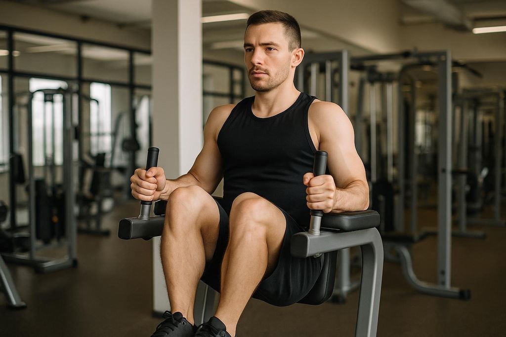 A man in a black tank top and shorts performing a hanging leg raise variation using a captain's chair machine in a gym. He is holding the handles with a firm grip and looking forward, focused on the exercise.