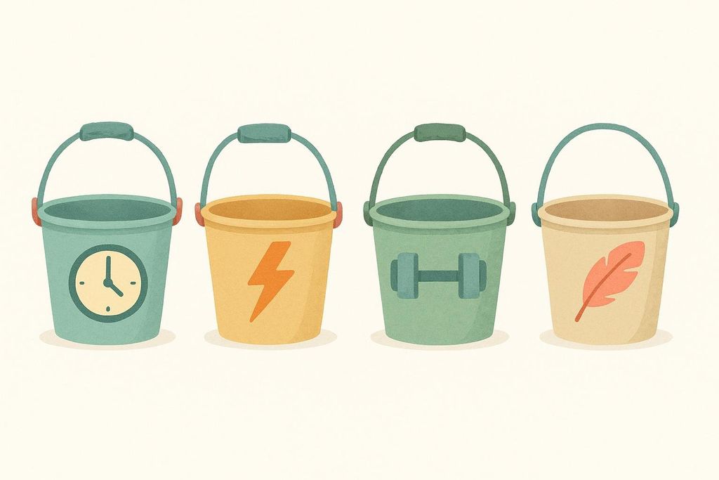 Four colorful buckets are lined up horizontally on a light background. Each bucket has a different icon: a clock for endurance, a lightning bolt for speed, a dumbbell for strength, and a feather for recovery.
