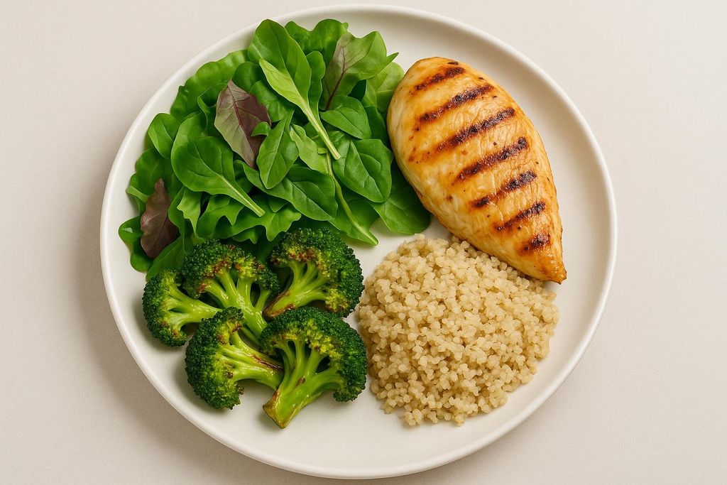 A perfectly balanced meal on a white plate, featuring a grilled chicken breast, a serving of quinoa, tender broccoli florets, and a fresh green salad.