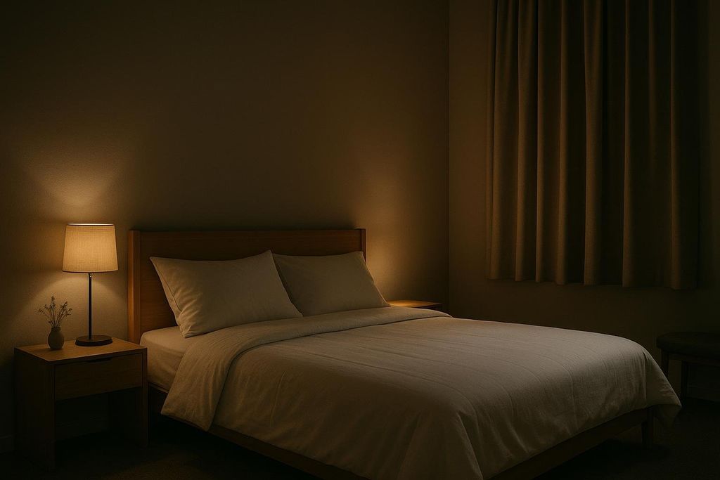 A dimly lit bedroom featuring a clean, neatly made bed with white linens. A bedside table with a lamp casts a warm glow, highlighting the peaceful and inviting atmosphere.