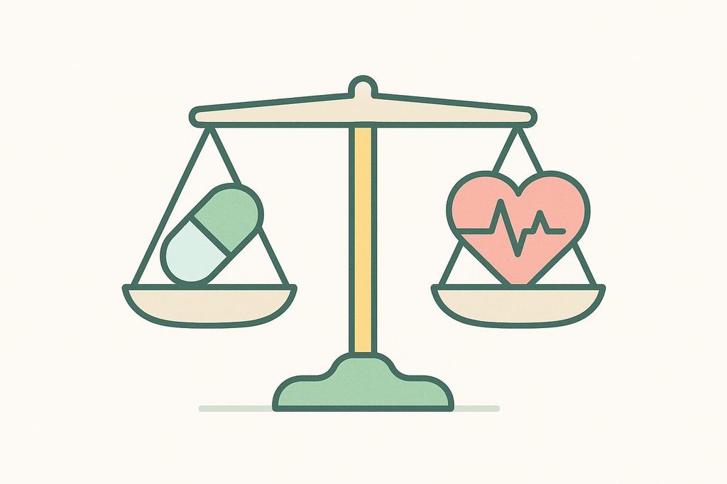 A stylized illustration of a balanced scale with a green and light blue pill on the left pan and a red heart with a green jagged line symbolizing a heartbeat on the right pan. This image represents the concept of balancing medication or treatment with overall health and wellness.