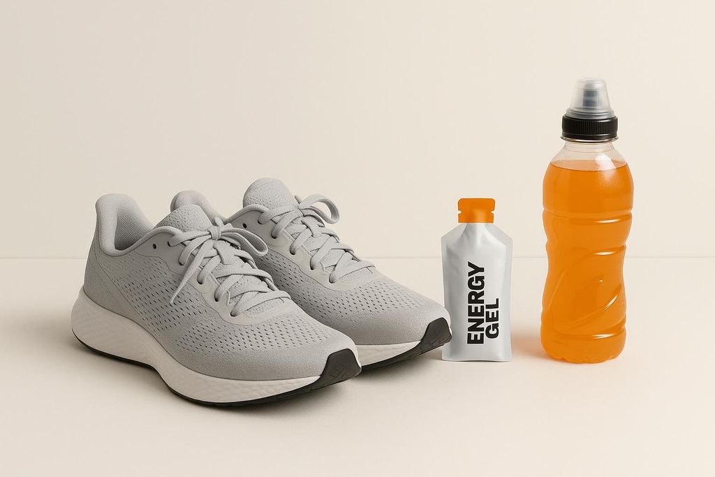 A pair of grey running shoes, an energy gel packet, and an orange sports drink are laid out, representing essential gear for a race.