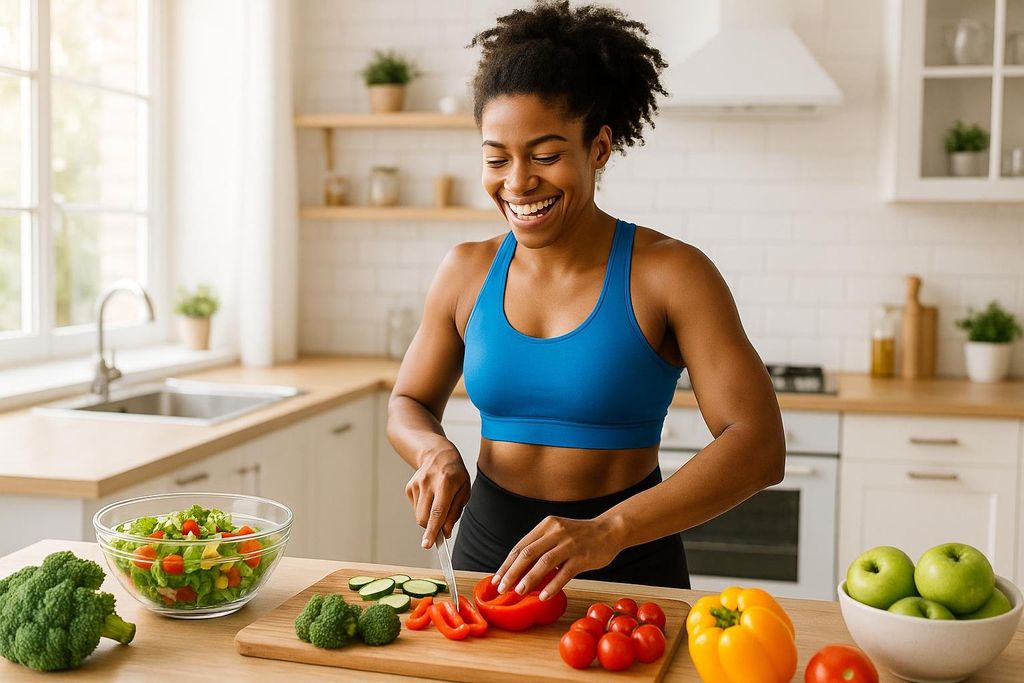 A smiling woman in a blue sports bra and black leggings is standing in a bright kitchen, happily chopping red bell peppers on a wooden cutting board. Around her are fresh vegetables like broccoli, cucumbers, tomatoes, and a bowl of green salad, symbolizing a commitment to healthy eating.