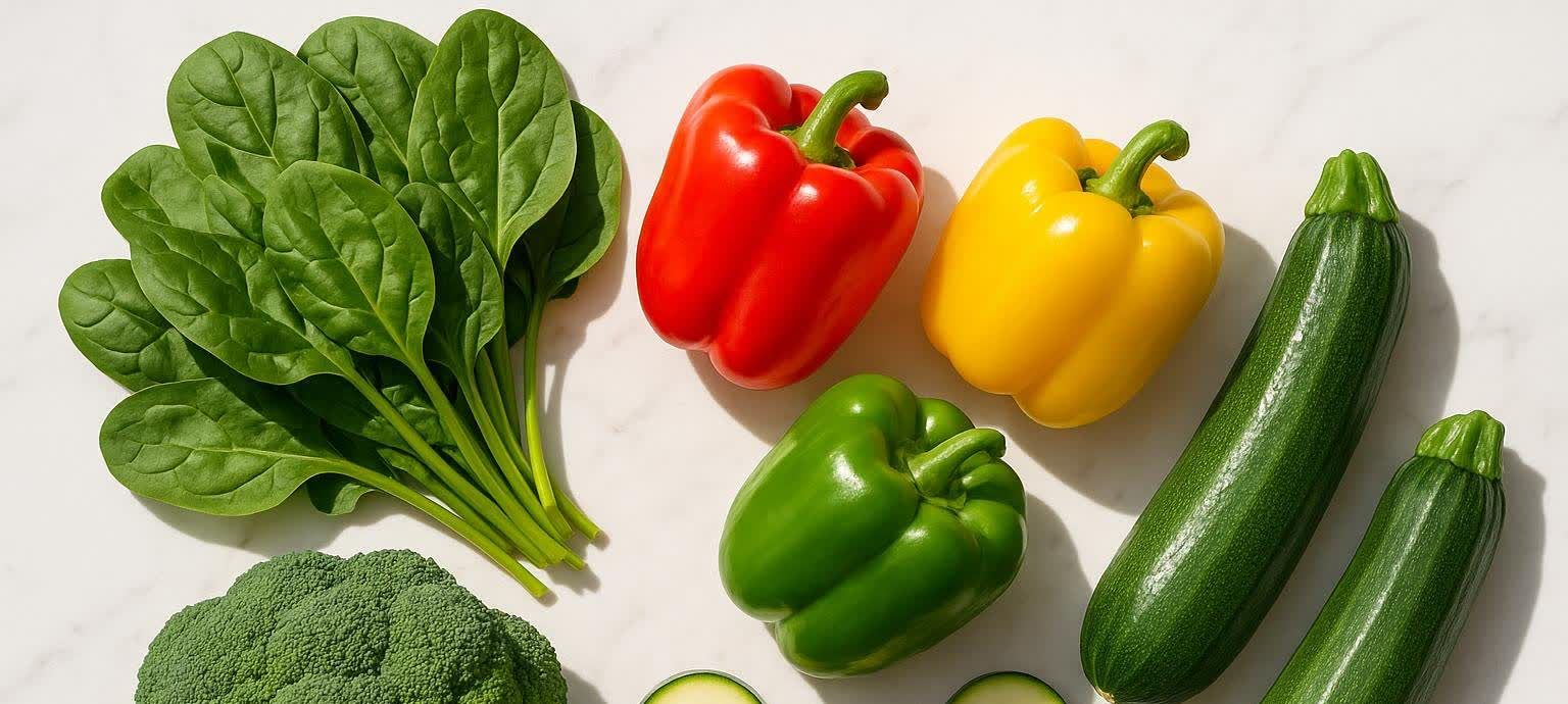 A flat lay of fresh, colorful, keto-friendly vegetables including a bunch of spinach, red, yellow, and green bell peppers, broccoli, and two zucchinis, arranged on a white marble surface.