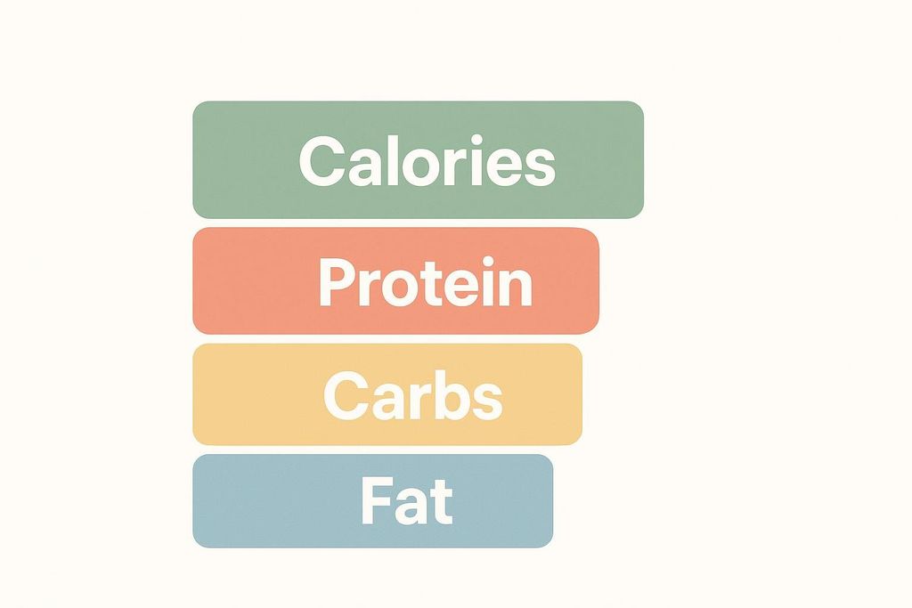 Four horizontal colored blocks stacked vertically, each with white text. From top to bottom: a green block says 'Calories', an orange block says 'Protein', a yellow block says 'Carbs', and a blue block says 'Fat'.