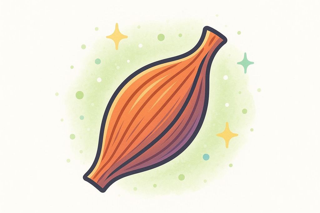 An illustration of a healthy, strong muscle fiber with a light green background and sparkling elements.
