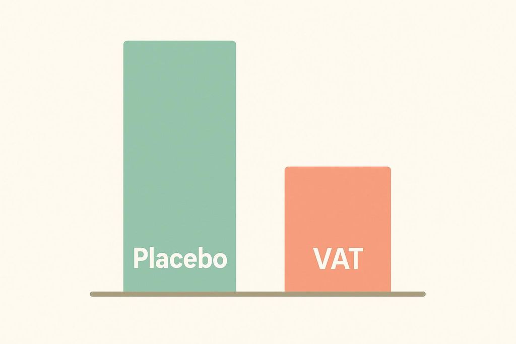 A bar chart comparing 'Placebo' and 'VAT'. The 'Placebo' bar is taller and colored green, while the 'VAT' bar is shorter and colored orange, indicating a greater effect or value for Placebo.