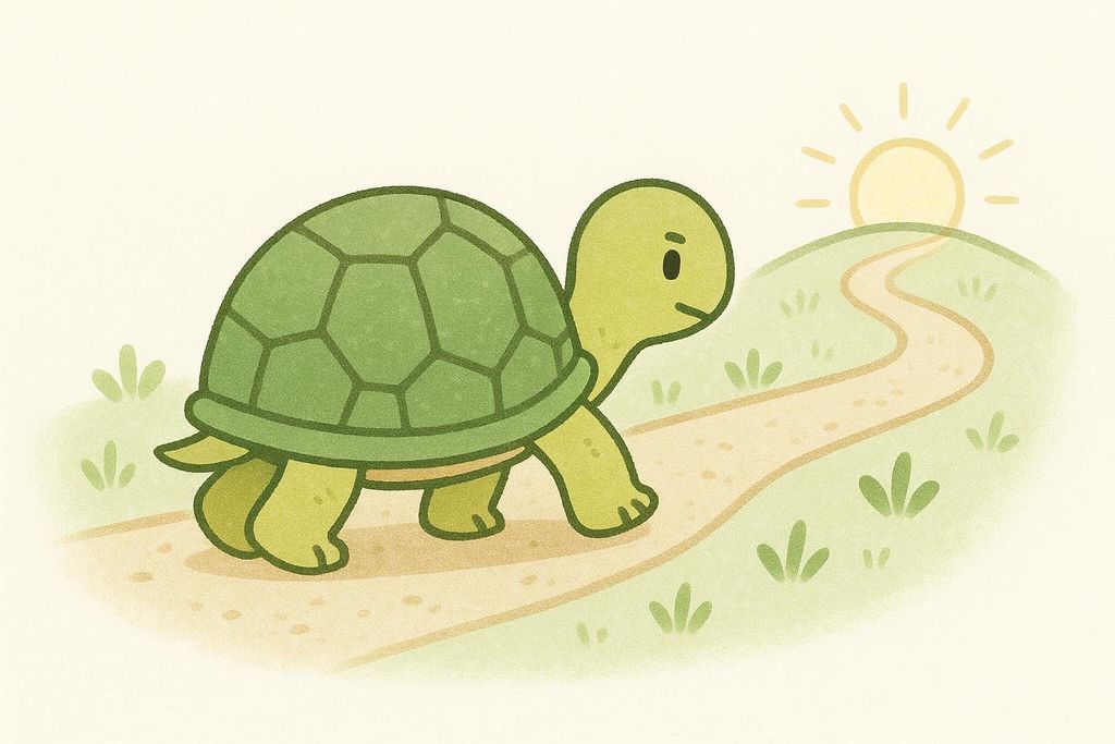 Stylized illustration of a tortoise steadily moving forward on a path towards a hill with the sun rising behind it. There are small plants along the path.