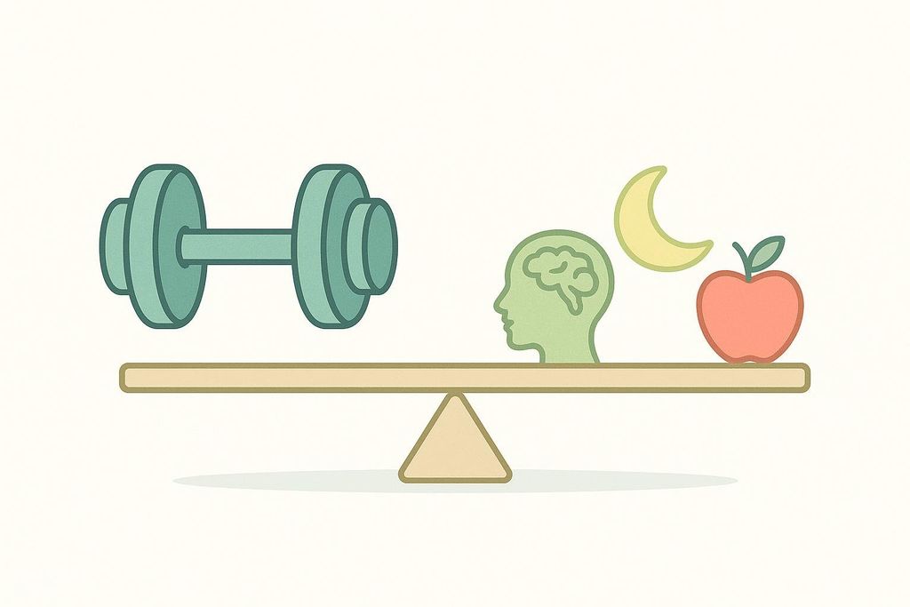Illustration of a balanced scale with a dumbbell icon on one side and icons for sleep (moon), stress (brain outline), and nutrition (apple) on the other. This represents the concept of autoregulation, where factors like training, recovery, and lifestyle are balanced.