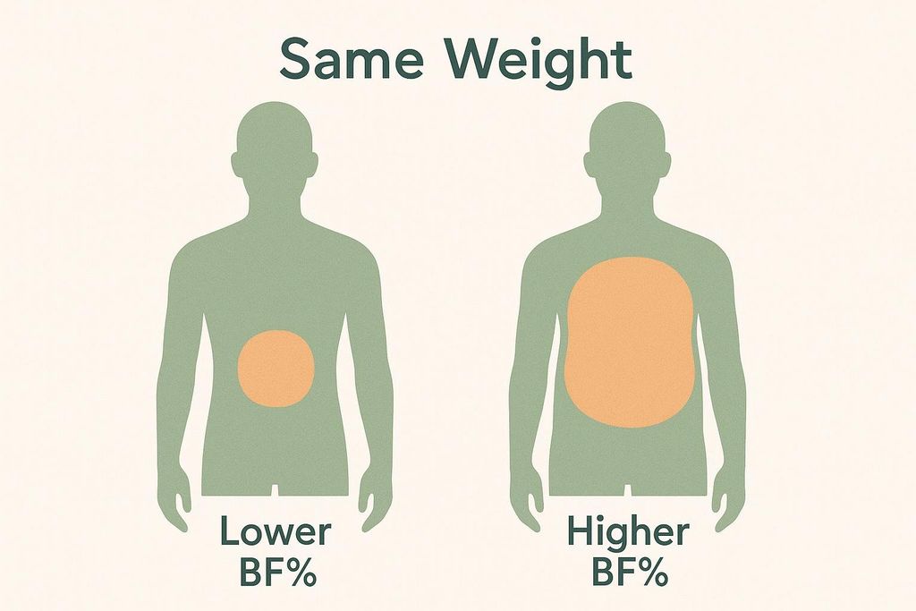 An illustration showing two silhouettes of men with the same weight but different body fat percentages, emphasizing that body fat percentage is more important than scale weight.