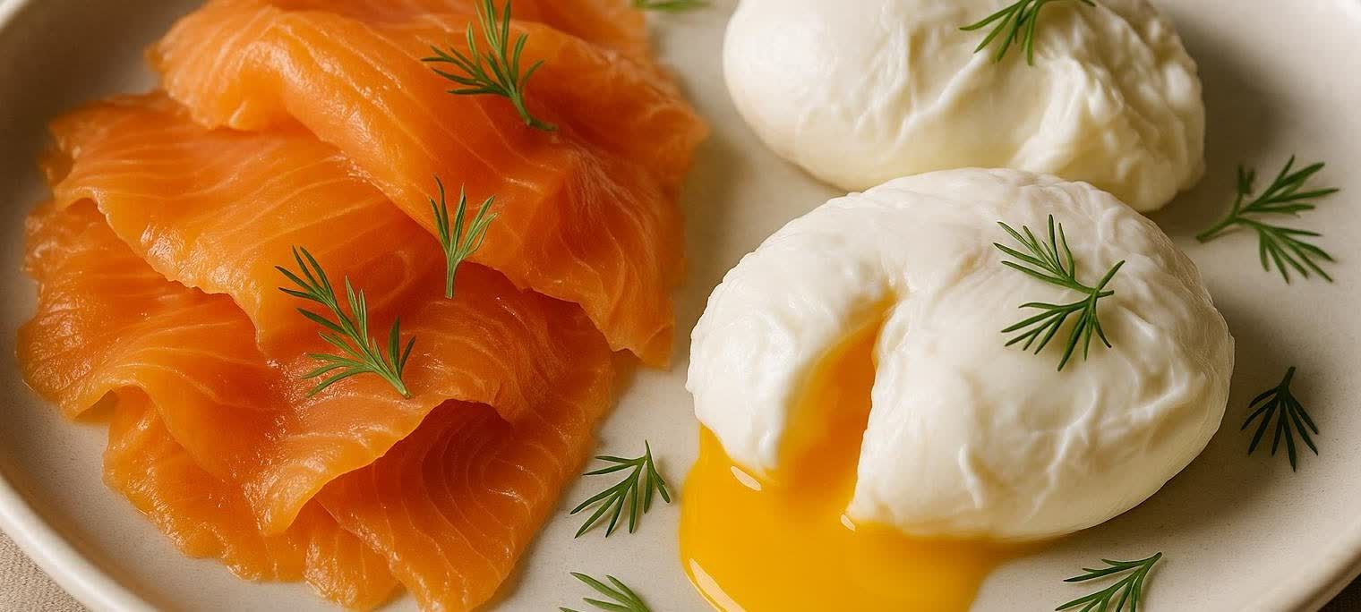 Close-up of a plate with glistening slices of smoked salmon on the left and two perfectly poached eggs on the right. The top egg has a sprig of fresh dill on it, and the bottom egg's yolk is oozing out onto the light-colored plate. Additional small sprigs of dill are scattered around the plate.