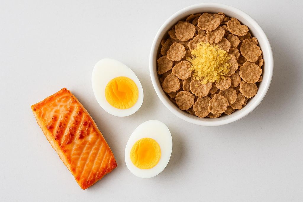 A flat lay image of foods rich in vitamin B12 including a cooked salmon fillet, two halved hard-boiled eggs, and a bowl of fortified cereal with nutritional yeast, all on a white surface.