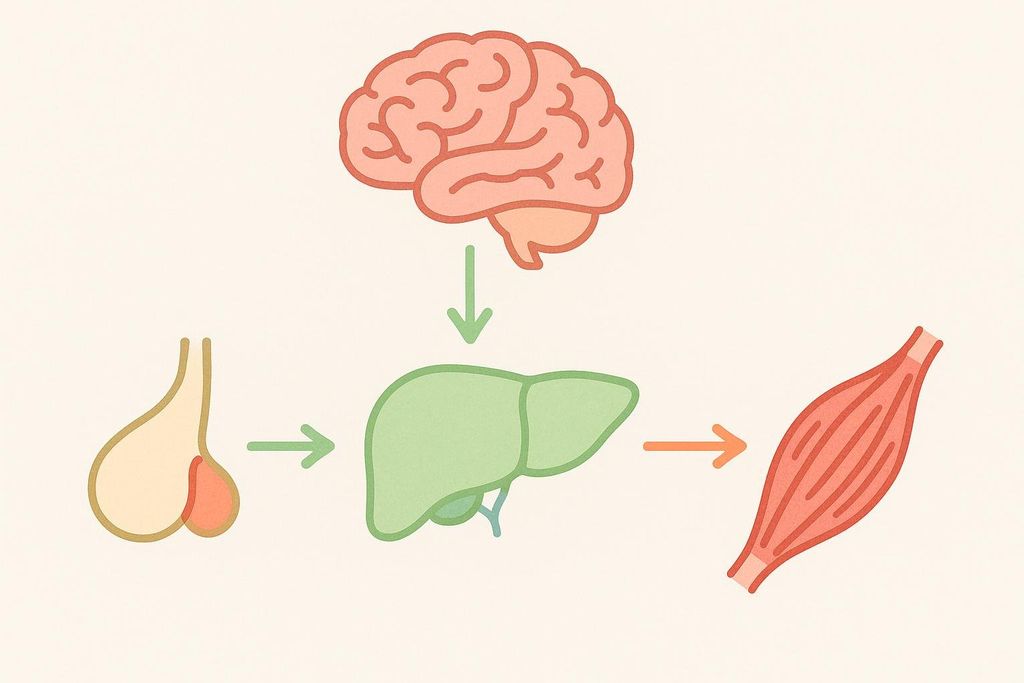 A simple flowchart illustrating the natural growth hormone pathway from the hypothalamus to the muscles, showing the brain (hypothalamus), pituitary gland, liver, and muscle with arrows indicating the flow of hormones.