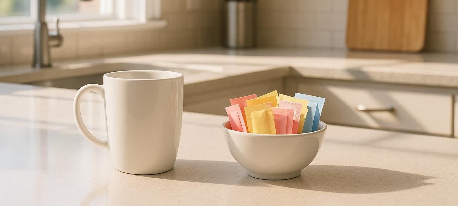 A white coffee mug sits on a light-colored kitchen counter next to a small white bowl filled with assorted artificial sweetener packets in pink, yellow, and blue colors. Sunlight casts shadows on the counter.