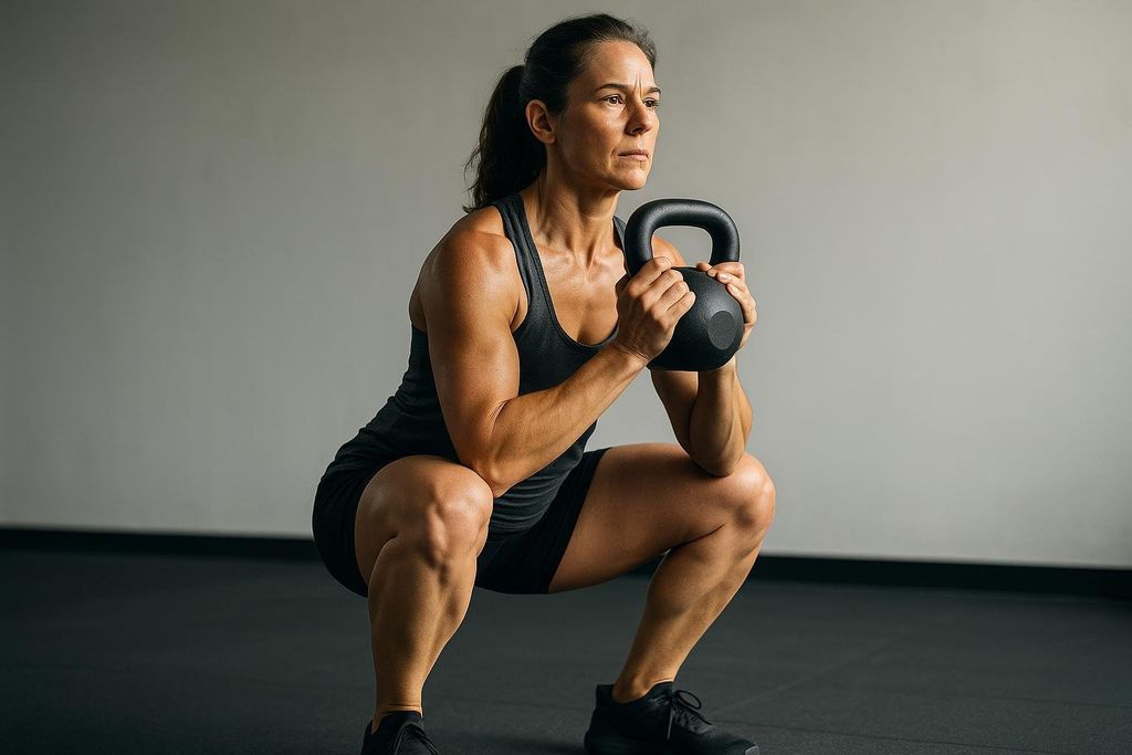 A woman performs a goblet squat, highlighting the importance of resistance training for building muscle and managing body composition.
