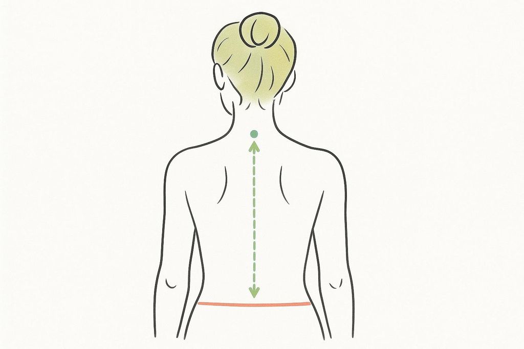 An illustration from the back of a person with light green hair, showing a dashed green arrow with a dot at the top indicating the C7 vertebra and a larger arrow at the bottom indicating the iliac crest, depicting the measurement of torso length for a rucksack.