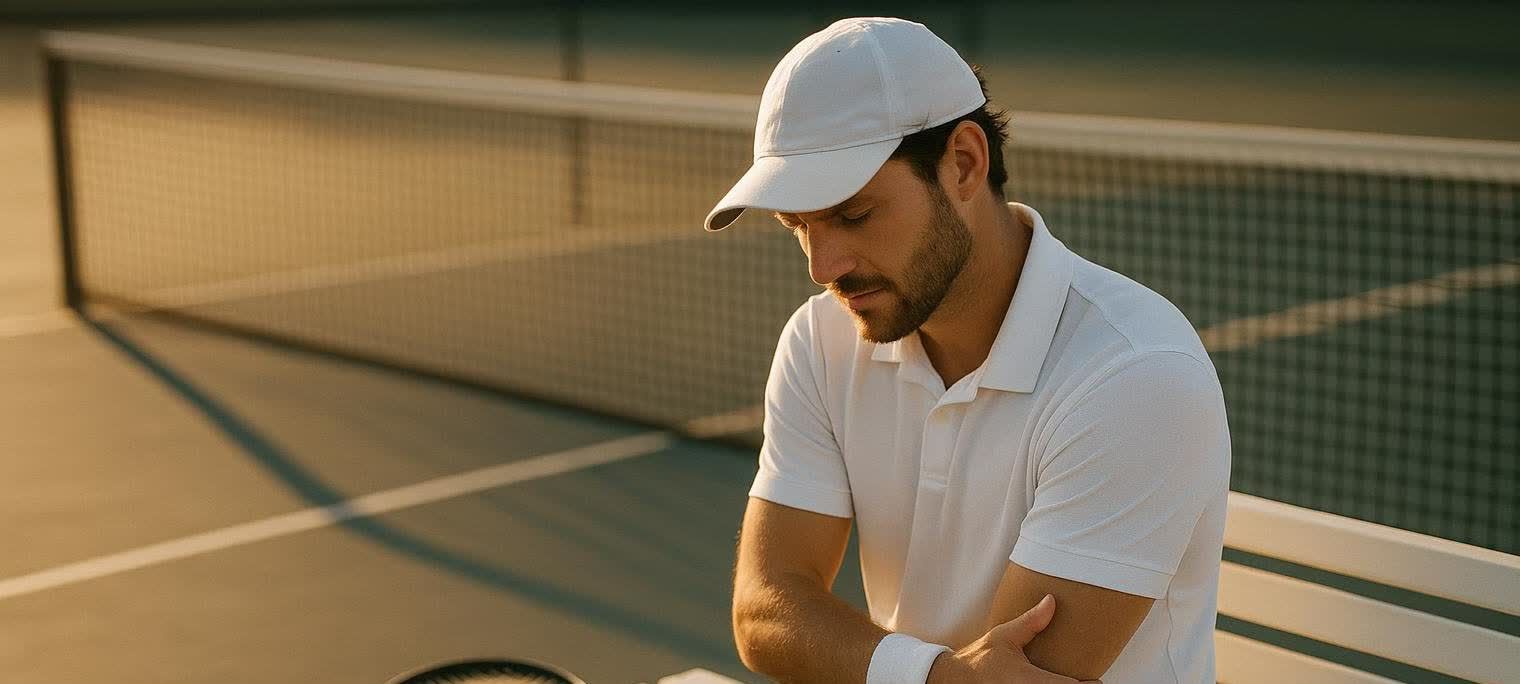 A male tennis player, wearing a white hat and shirt, sits on a bench on a tennis court, holding his elbow with a look of discomfort. The tennis net is visible in the background.