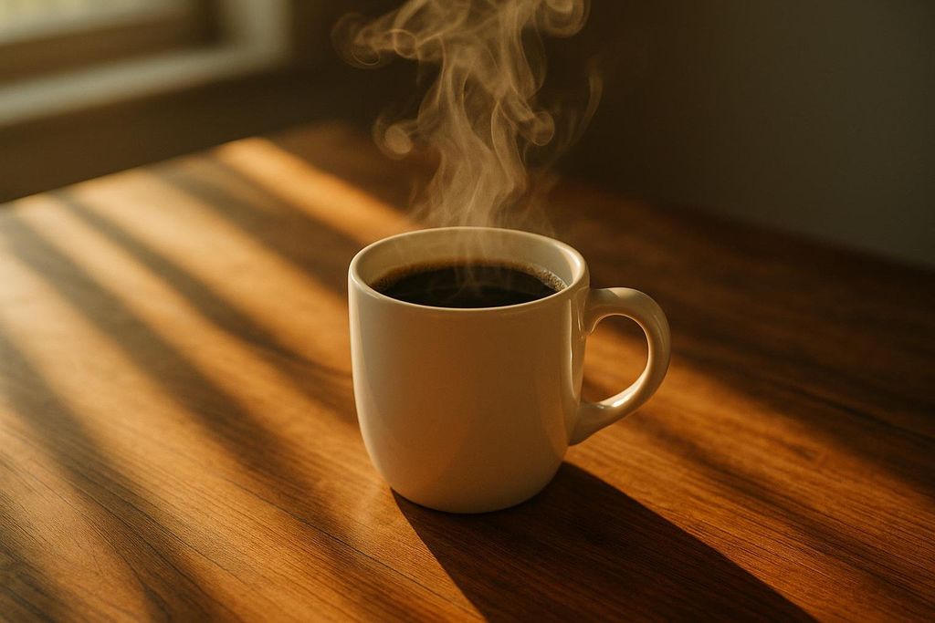 A close-up shot of a white ceramic mug filled with hot, dark coffee, with steam rising from its surface. The mug sits on a wooden table, illuminated by warm morning sunlight casting shadows from a window in the background.