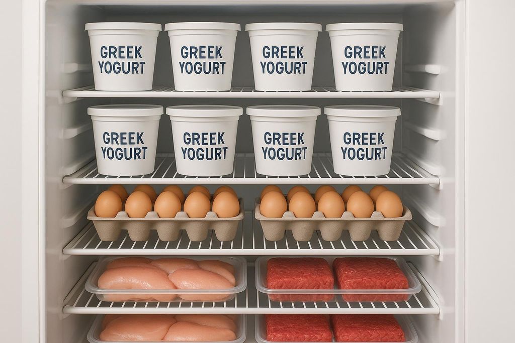 An open white refrigerator with shelves neatly stocked with high-protein foods. The top two shelves are filled with white containers labeled 'GREEK YOGURT'. Below them are two cartons of brown eggs, and on the bottom two shelves are plastic containers of raw chicken breasts and ground beef.
