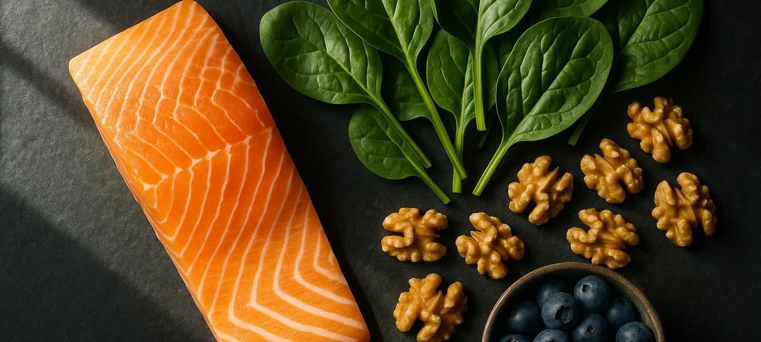 An overhead shot of fresh salmon fillet, spinach leaves, walnuts, and a bowl of blueberries arranged on a dark surface.