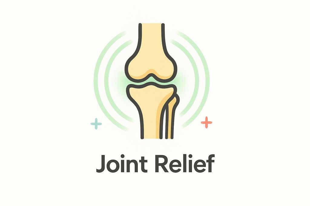An illustration of a knee joint with green radiating waves around it, and two plus signs, one blue and one red, on either side. Below the joint, the words 'Joint Relief' are written in bold, dark gray letters.