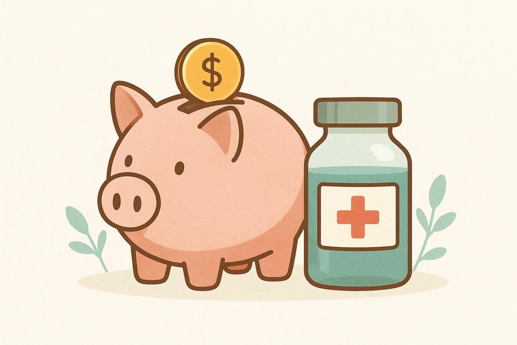 A graphic illustration featuring a pink piggy bank with a dollar coin dropping into it, positioned next to a clear medicine vial with a red cross symbol on it. This image represents the concept of cost savings on medication, likely through generic drugs.