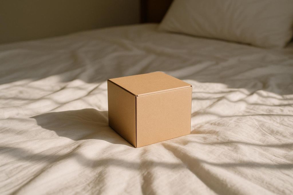 A small, plain brown box sits on an unmade bed with wrinkled white sheets, illuminated by natural sunlight creating shadows.