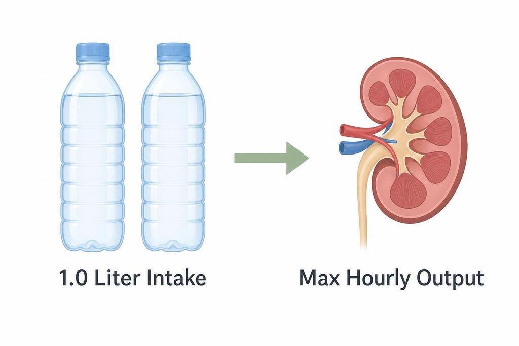 Diagram illustrating that 1.0 liter of water intake, represented by two water bottles, leads to the kidney's maximum hourly output.
