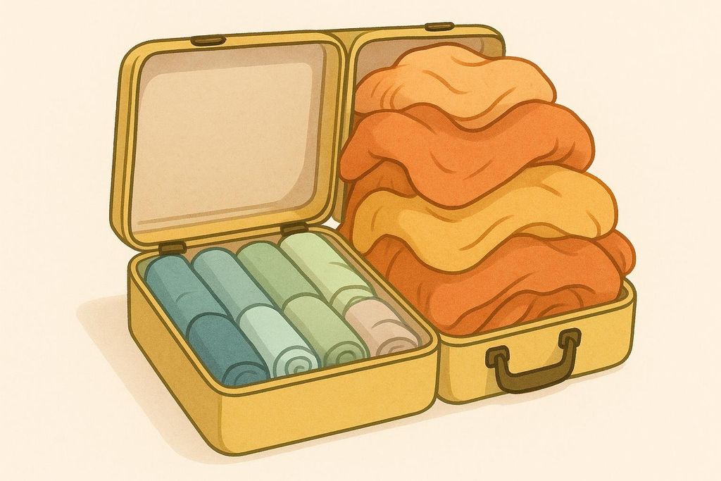 Illustration comparing two suitcases. One case has four tightly rolled shirts in blue and green tones. The other case has a stack of four bulky, folded items in orange and yellow tones, overflowing the case. This could be used to illustrate the difference in volume between two types of items.