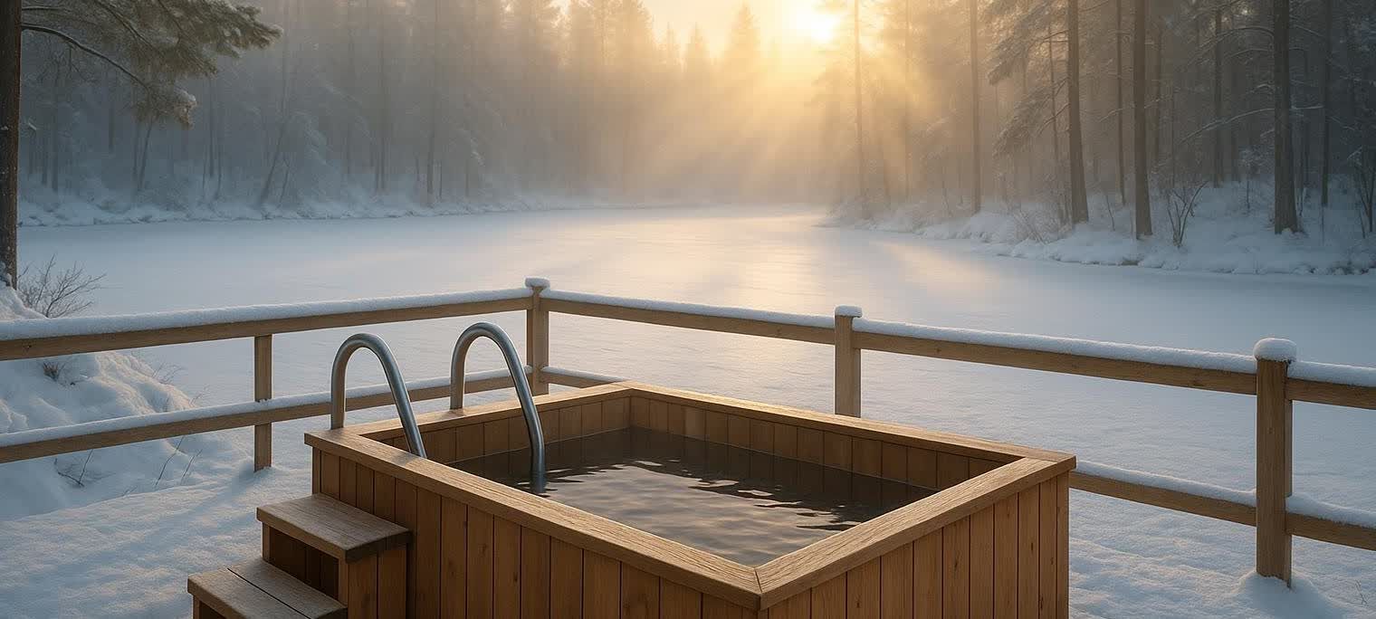 A snowy outdoor deck with a wooden cold plunge tub overlooking a frozen lake at sunrise, with golden sunrays peaking through hazy trees in the background.