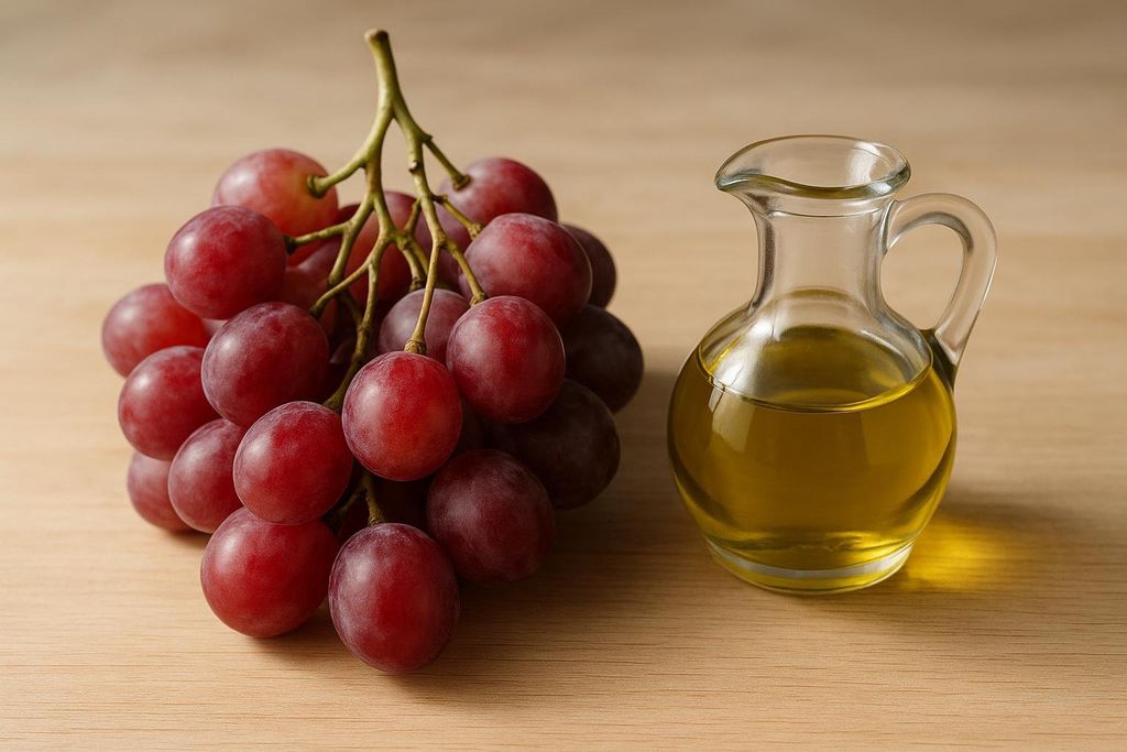 A bunch of red grapes next to a small glass cruet filled with olive oil on a light wooden surface.